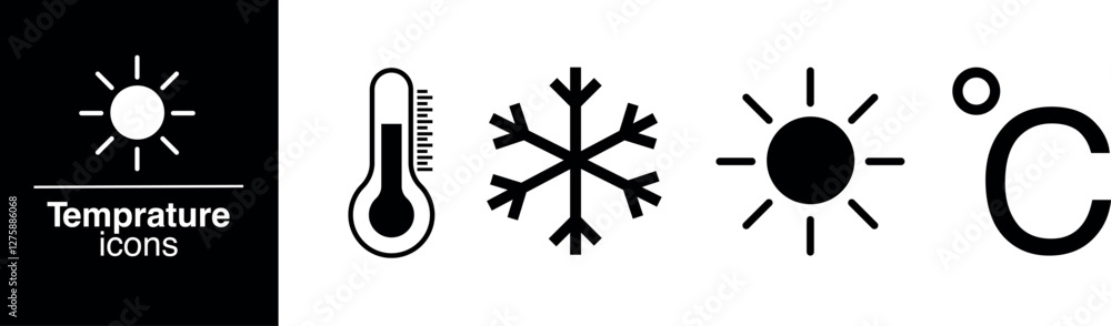 Temperatures icon set. Temperature scale symbol. Vector illustration. Thermometer vector icons with sun and snowflake. Temperatures icon set. Temperature scale symbol. Vector illustration. Thermometer vector icons with sun and snowflake.