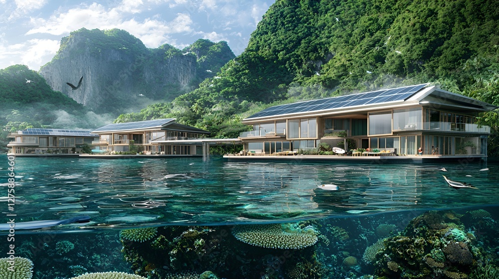 Naklejka premium Floating eco-homes on a tropical lagoon, sustainable design, tranquil scene