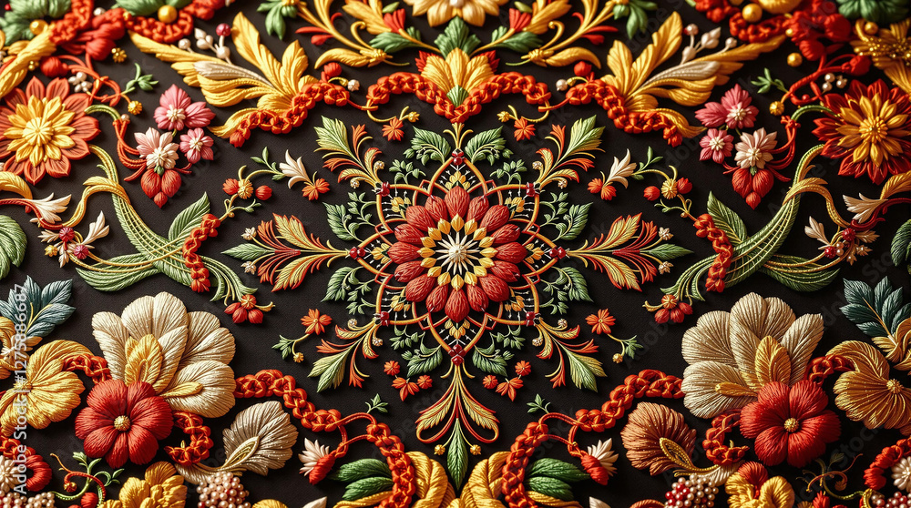 Fototapeta premium Traditional Korean embroidered silk pattern featuring Sipjangsaeng symbols like cranes, turtle, pine tree, and bamboo, representing longevity harmony, crafted with vibrant threads, floral cloud motifs