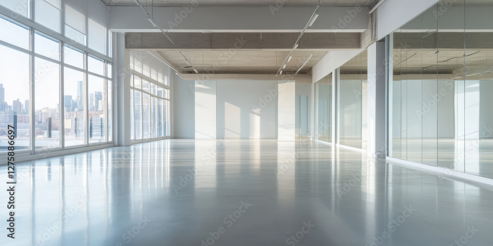 Bright and spacious modern office room with large glass windows and polished concrete flooring, offering a serene atmosphere for work Bright and spacious modern office room with large glass windows and polished concrete flooring, offering a serene atmosphere for work
