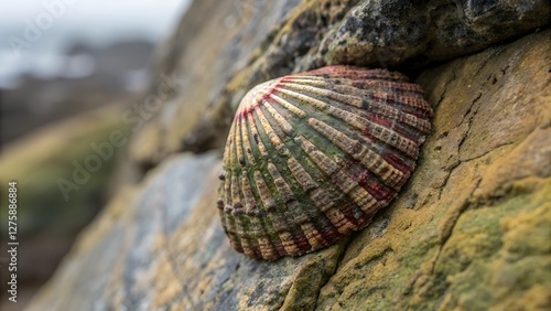 Coastal Treasure: A textured limpet shell, exhibiting a mesmerizing pattern and a symphony of colors, rests peacefully upon a rugged coastal rock, presenting a close-up of nature's artistry.