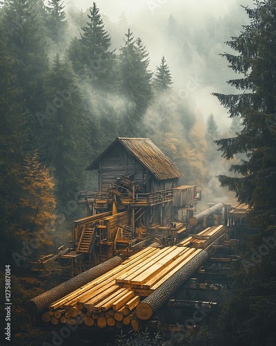 Obraz na płótnie A traditional sawmill in a misty forest with a massive tree in the foreground. w salonie