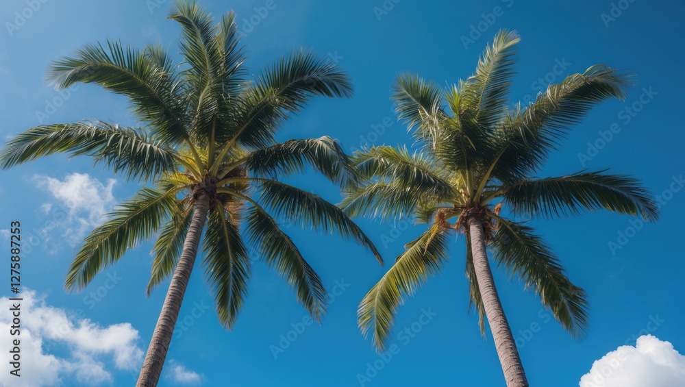 Two Lush Palm Trees Against a Bright Blue Sky with Soft Clouds Creating a Tropical Paradise Atmosphere Two Lush Palm Trees Against a Bright Blue Sky with Soft Clouds Creating a Tropical Paradise Atmosphere