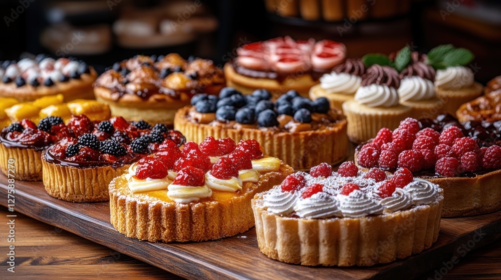 Assorted desserts on wooden display Assorted desserts on wooden display