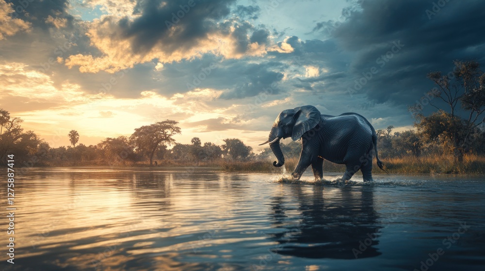 Fototapeta premium Majestic Elephant at Sunset in African River
