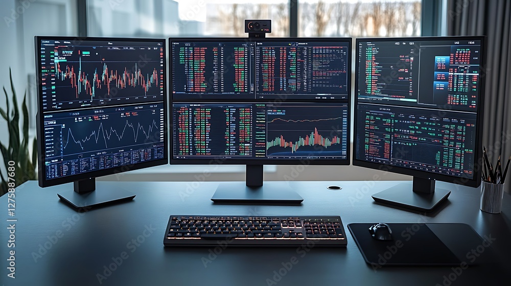 A top-down view of a modern desk setup featuring sleek design and multiple accessories.