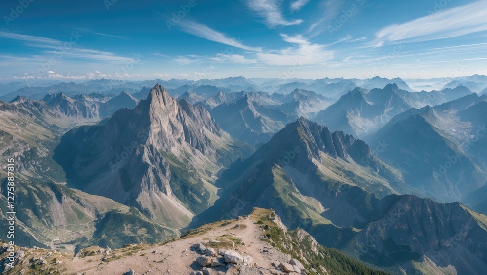 Breathtaking panoramic view of majestic mountains from a plateau with clear blue sky and empty space for caption or text. Breathtaking panoramic view of majestic mountains from a plateau with clear blue sky and empty space for caption or text.