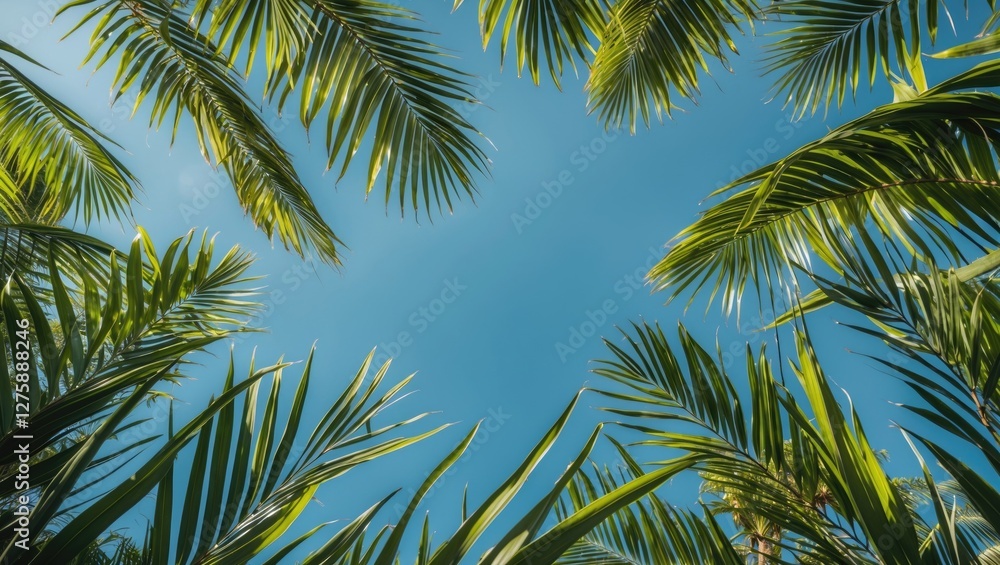 Fototapeta premium Tropical Paradise Sky View Framed by Lush Palm Leaves with Bright Blue Background for Summer Inspired Designs and Text Placement