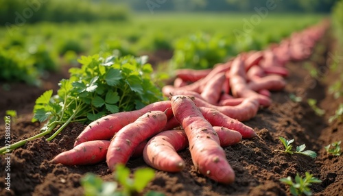 Freshly harvested sweet potatoes lie on cultivated soil. Agriculture autumn harvest. Ripe root vegetables. Organic produce, healthy nourishment from farmland. Agribusiness seasonal food from field.