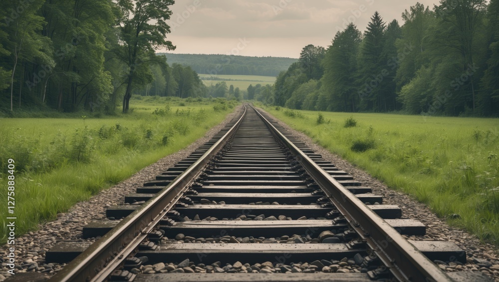 Fototapeta premium Wavy Railroad Tracks Stretching Through Lush Green Meadow Under Overcast Sky Vintage Style Image With Space For Text or Messaging