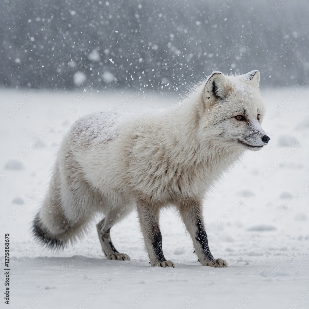 Obraz premium An Arctic fox shaking off snow, creating a subtle flurry effect, isolated on white.