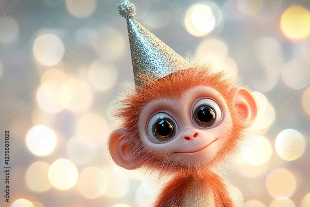 Fototapeta premium birthday postcard 3d cartoon style adorable cute little monkey in festive party hat on bright blurred bokeh background with copy space