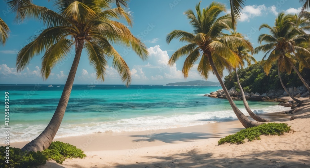Fototapeta premium Tropical Paradise with Palm Trees on Sandy Beach Under Clear Blue Sky and Turquoise Sea Ideal for Summer Vacation Concepts
