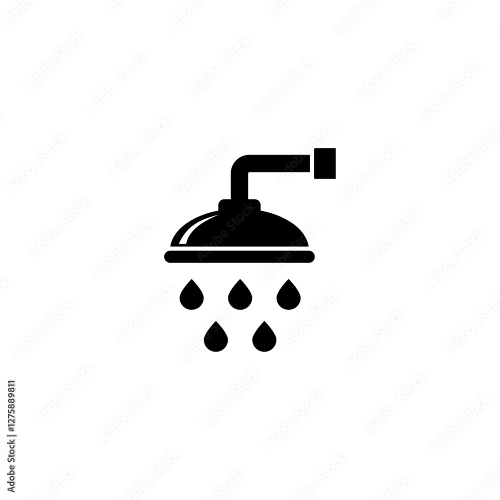 Minimalist black shower head icon with water droplets. Minimalist black shower head icon with water droplets.