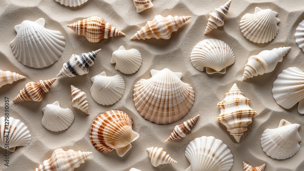 Seashells on Sand Arrangement for Beach Vacation Theme with Space for Text or Graphics Ideal for Travel and Summer Promotions