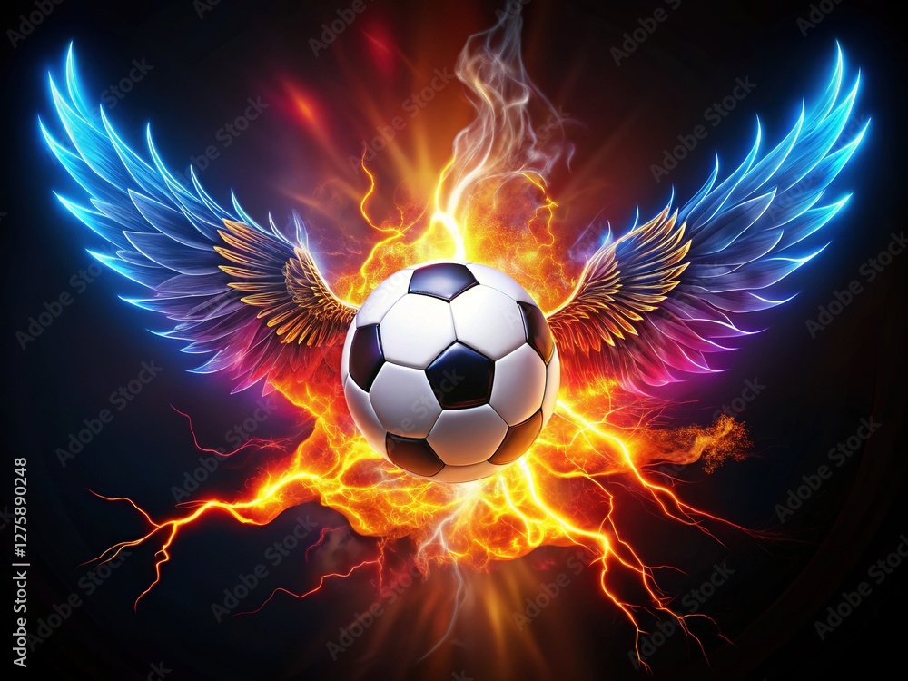 Naklejka premium Flaming Soccer Ball with Wings and Lightning Bolts