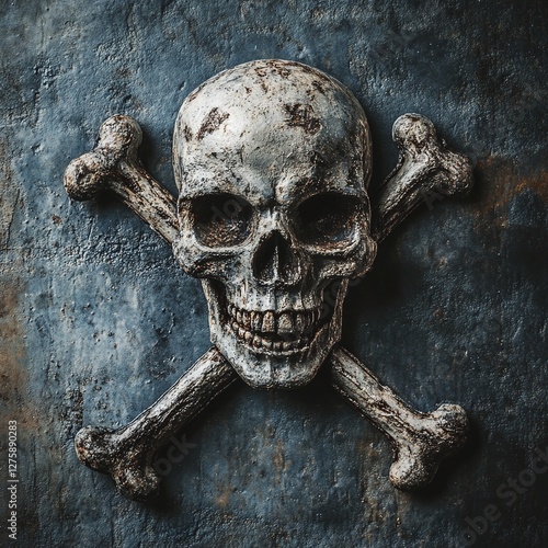 A skull and crossbones warning sign with a dark, eerie backdrop photo