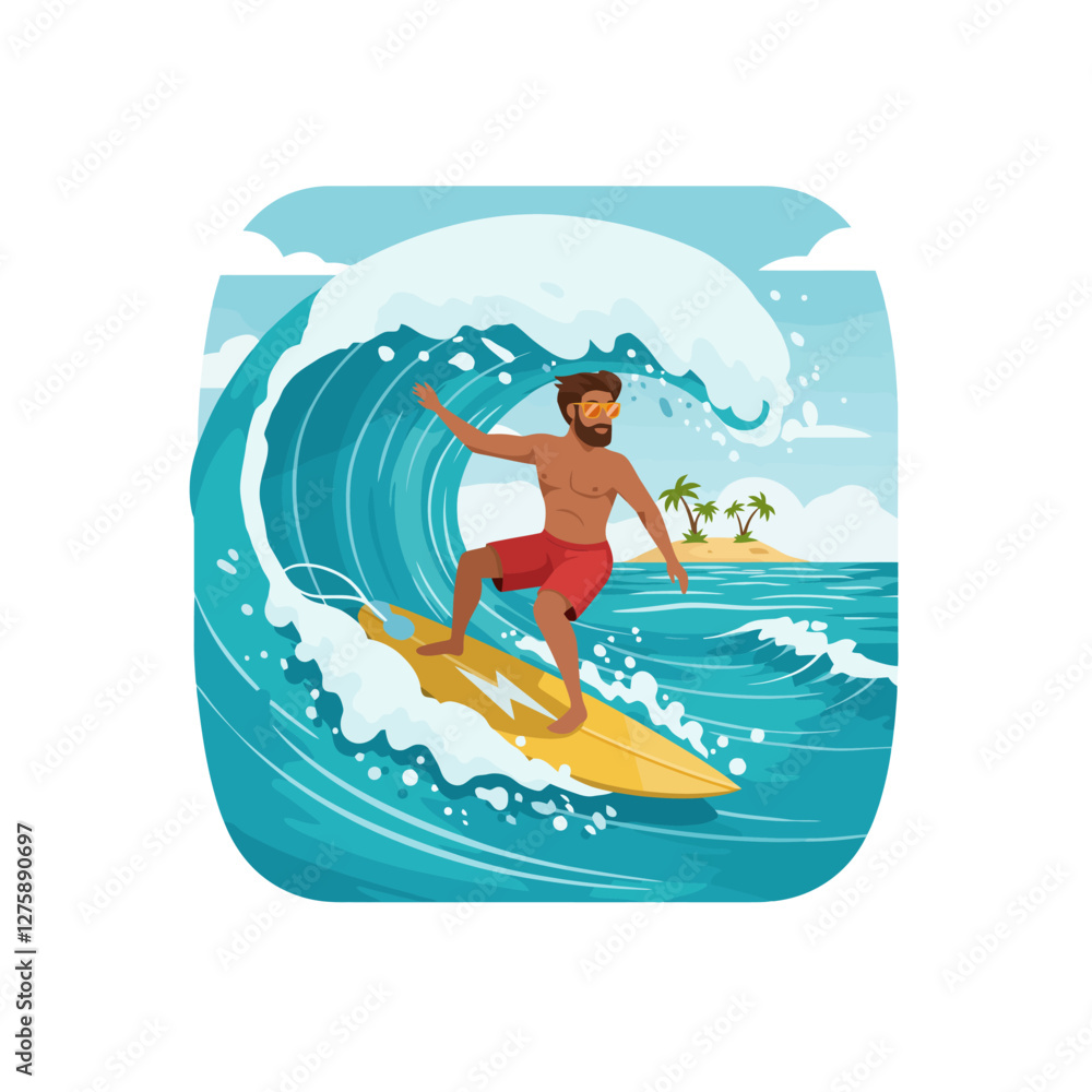 Man Surfing on Big Wave Near Tropical Island on Sunny Day Man Surfing on Big Wave Near Tropical Island on Sunny Day