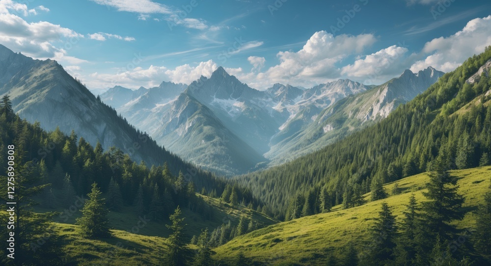 Fototapeta premium Majestic Mountain Landscape with Lush Forest and Open Space for Textual Content