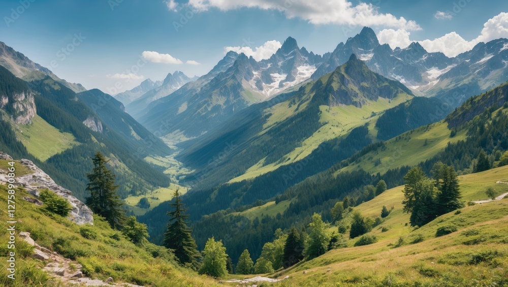 Majestic Mountain Landscape with Lush Green Valleys and Clear Blue Skies Ideal for Eco-Tourism and Nature Exploration Activities Majestic Mountain Landscape with Lush Green Valleys and Clear Blue Skies Ideal for Eco-Tourism and Nature Exploration Activities