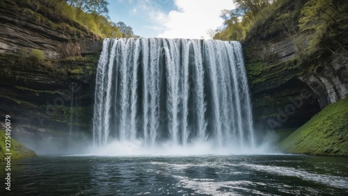 Majestic Waterfall Cascading Over Rocks with Lush Green Surroundings and Calm Waters Below for Relaxation and Outdoor Imagery