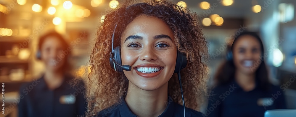 Fototapeta premium Smiling Customer Service Representative with Headset in Call Center
