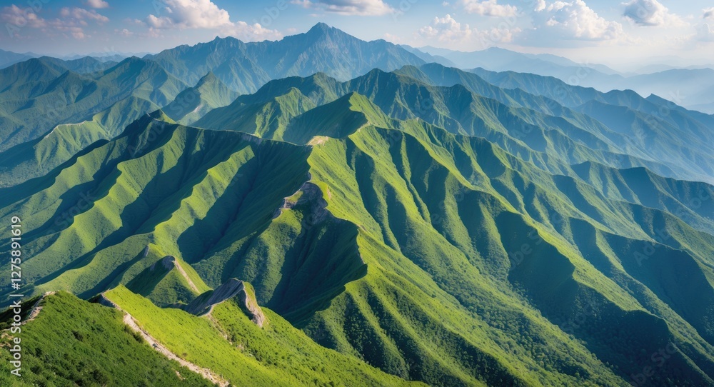 Naklejka premium Majestic mountain range with lush green hills and layered peaks under a clear sky showcasing natural beauty and serene landscapes.