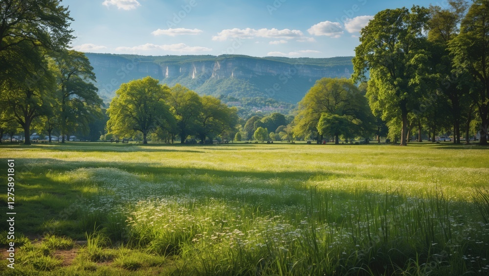 Naklejka premium Serene Meadow in Public Park Surrounded by Lush Trees and Scenic Valley Under Bright Summer Sky