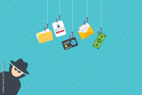 Vászonkép Hacker with laptop computer stealing confidential data, personal information and credit card detail