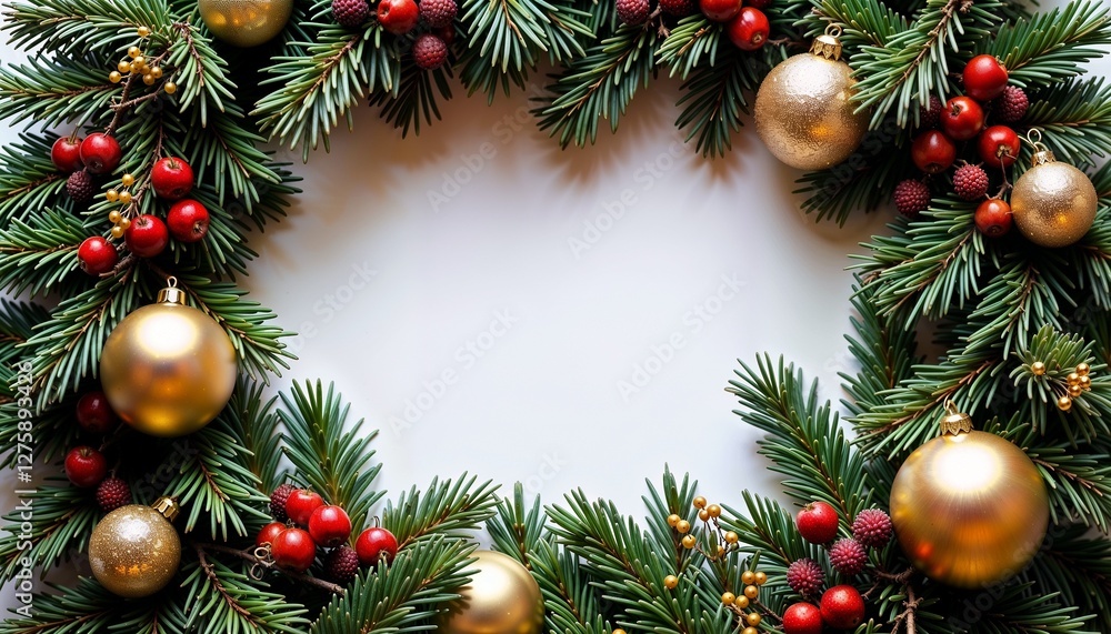 Christmas wreath with gold ornaments and red berries, festive holiday decoration Christmas wreath with gold ornaments and red berries, festive holiday decoration