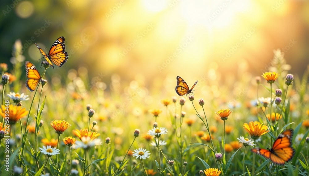 Butterflies flying over flowers in sunlight, vibrant spring meadow Butterflies flying over flowers in sunlight, vibrant spring meadow