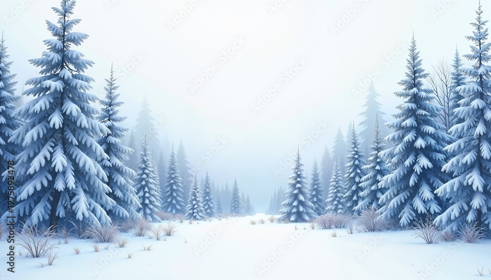 Naklejka premium Snow-covered pine trees in winter landscape.