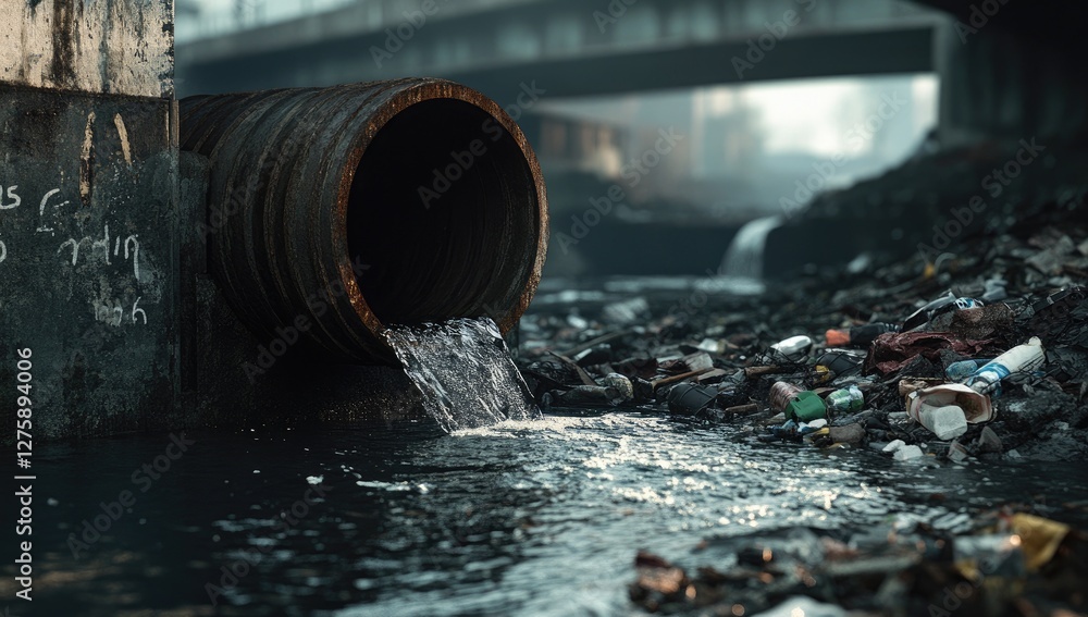 Polluted River Discharge from Pipe in Urban Area Polluted River Discharge from Pipe in Urban Area