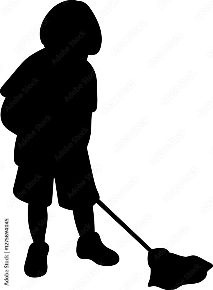 silhouette of a boy washing the floor on a white background, vector silhouette of a boy washing the floor on a white background, vector