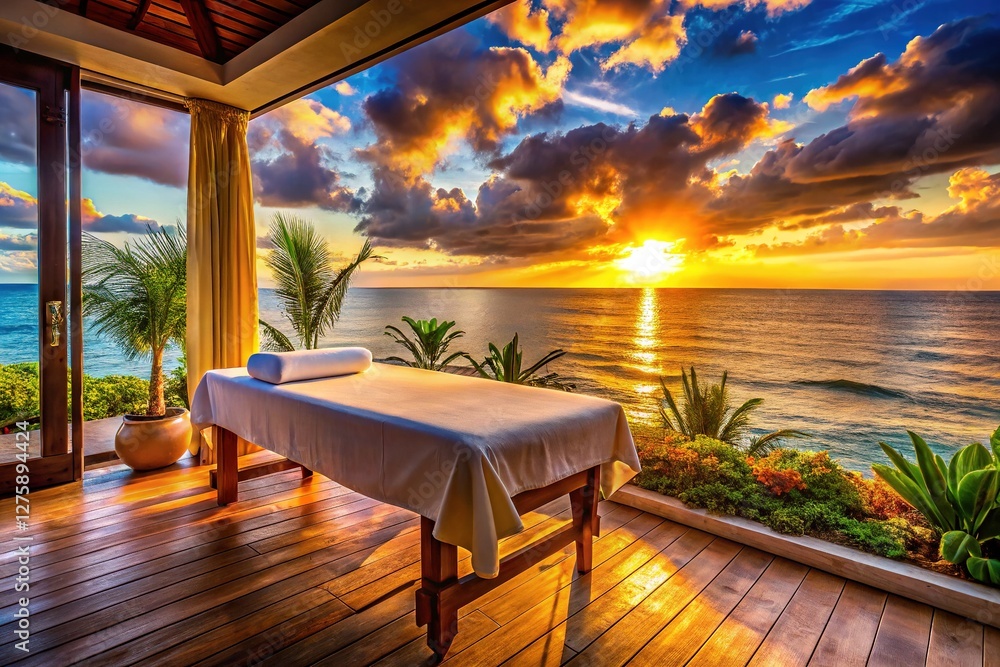 Obraz premium Luxurious Massage and Spa Bed at Beachfront Hotel with Stunning Seascape View