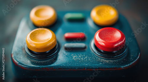 Retro game controller with colorful buttons evokes nostalgia for vintage gaming experiences