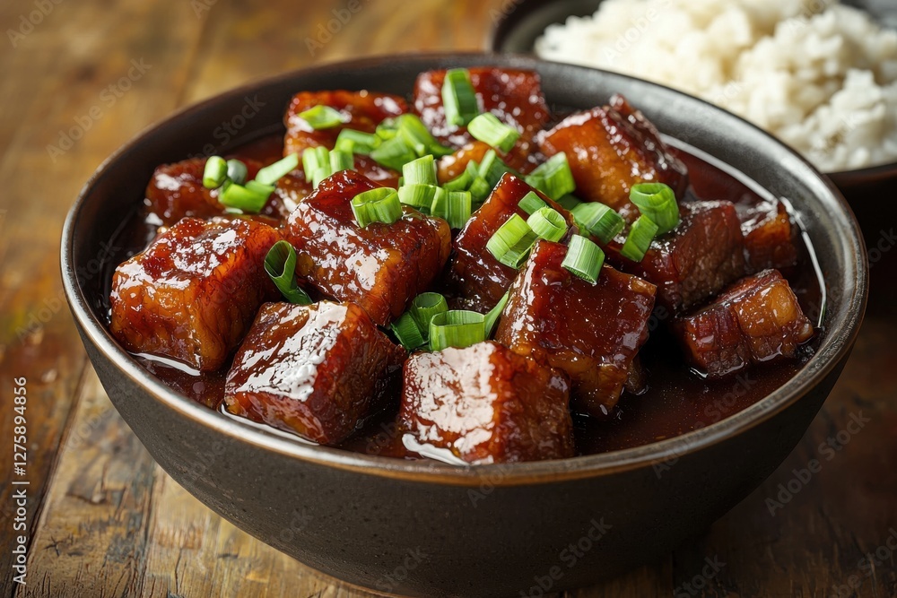 A scrumptious bowl of braised pork belly in a rich sauce, garnished with chopped green onions, served with a side of fluffy steamed white rice on a rustic wooden table. A scrumptious bowl of braised pork belly in a rich sauce, garnished with chopped green onions, served with a side of fluffy steamed white rice on a rustic wooden table.