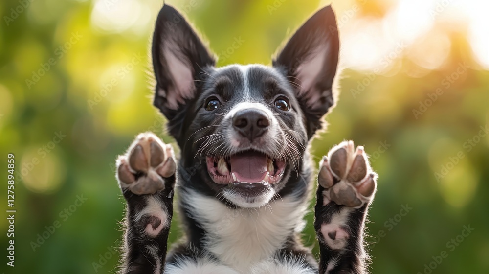 Fototapeta premium Dog Training Concept, A happy dog with raised paws, enjoying a sunny outdoor setting, exuding joy and playfulness.