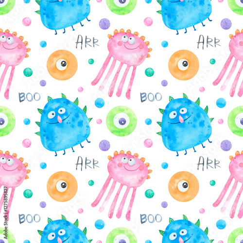 Seamless Pattern cartoon funny monster watercolor. Monster party, colorful monsters, aliens, illustration print. Cute Cartoon Monsters  background. For digital paper, textile, fabric, wallpaper. 