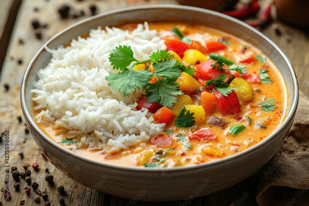 A hearty bowl of vegetable curry served with fluffy white rice and garnished with fresh cilantro, showcasing the vibrant colors and rich flavors of a traditional Indian meal. A hearty bowl of vegetable curry served with fluffy white rice and garnished with fresh cilantro, showcasing the vibrant colors and rich flavors of a traditional Indian meal.