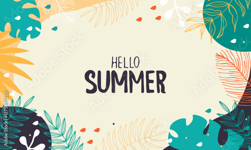 Hello summer. Summer background with tropical leaves and letters. Vector illustration.