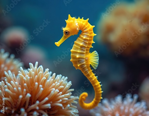 Underwater photo of yellow seahorse with white spots among coral reefs. Marine life aquatic animal swims in sea nature tropical wildlife, vibrant beauty with fin tail.