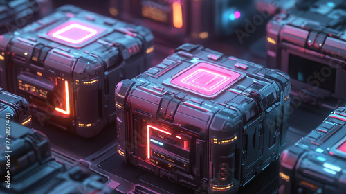 Game futuristic boxes, future technology chests. Icons of sci-fi equipment, loot boxes with electronic lock and display with neon light, vector cartoon illustration isolated on background
