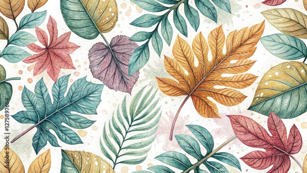 Fototapeta premium Watercolor Leaf Art, Botanical Illustration, Detailed Leaf Painting, Nature Backdrop, Copy Space, Left-Aligned Subject, High-Resolution Image
