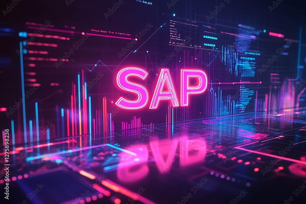 Fototapeta premium Stylish neon typography design representing SAP on a dark background, ideal for modern branding and marketing visuals.