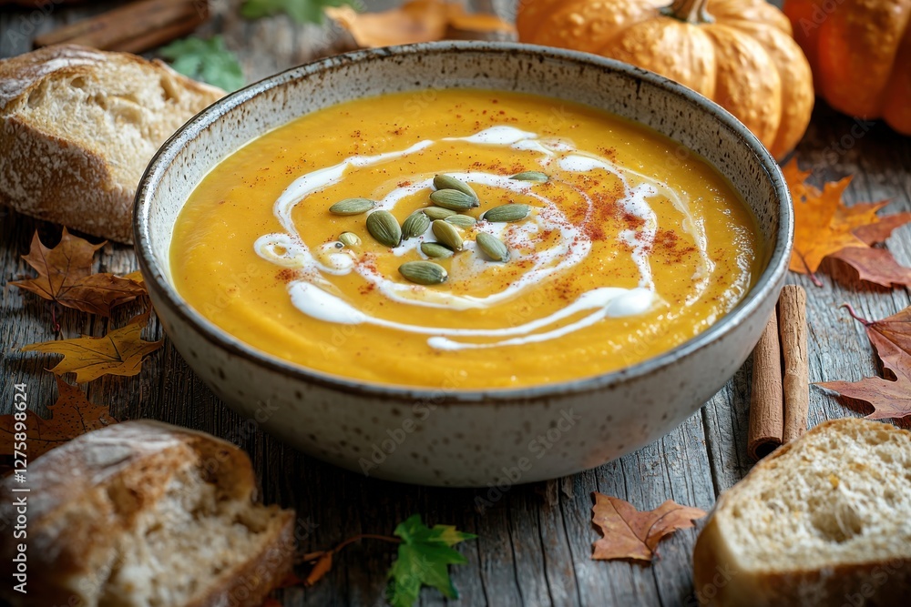 A comforting bowl of homemade pumpkin soup, garnished with cream and pumpkin seeds, paired with rustic bread, surrounded by the essence of autumn season. A comforting bowl of homemade pumpkin soup, garnished with cream and pumpkin seeds, paired with rustic bread, surrounded by the essence of autumn season.