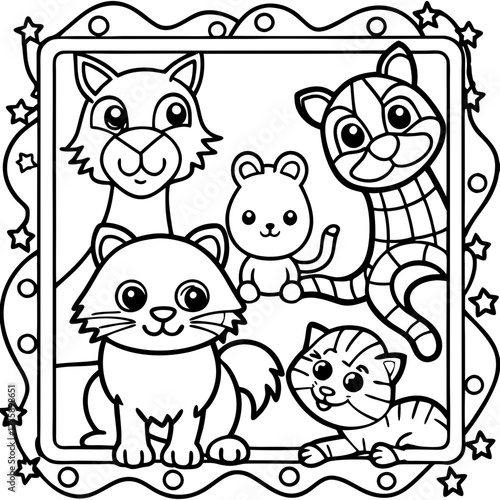 Feline Friends in Frame: A delightful illustration featuring a charming ensemble of playful cats and a cute mouse, captured within a decorative frame.