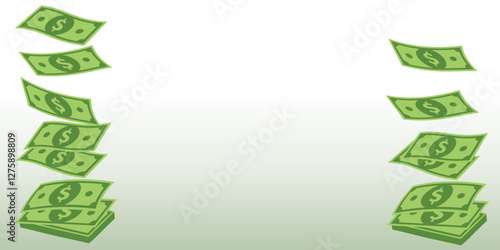 Banner with pattern of money with empty space in the middle for text. Flying green dollar bill, money cash and usd currency. American money float banknotes, banking finance investment or jackpot win.