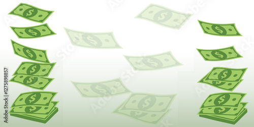 Banner with pattern of money with empty space in the middle for text. Flying green dollar bill, money cash and usd currency. American money float banknotes, banking finance investment or jackpot win.