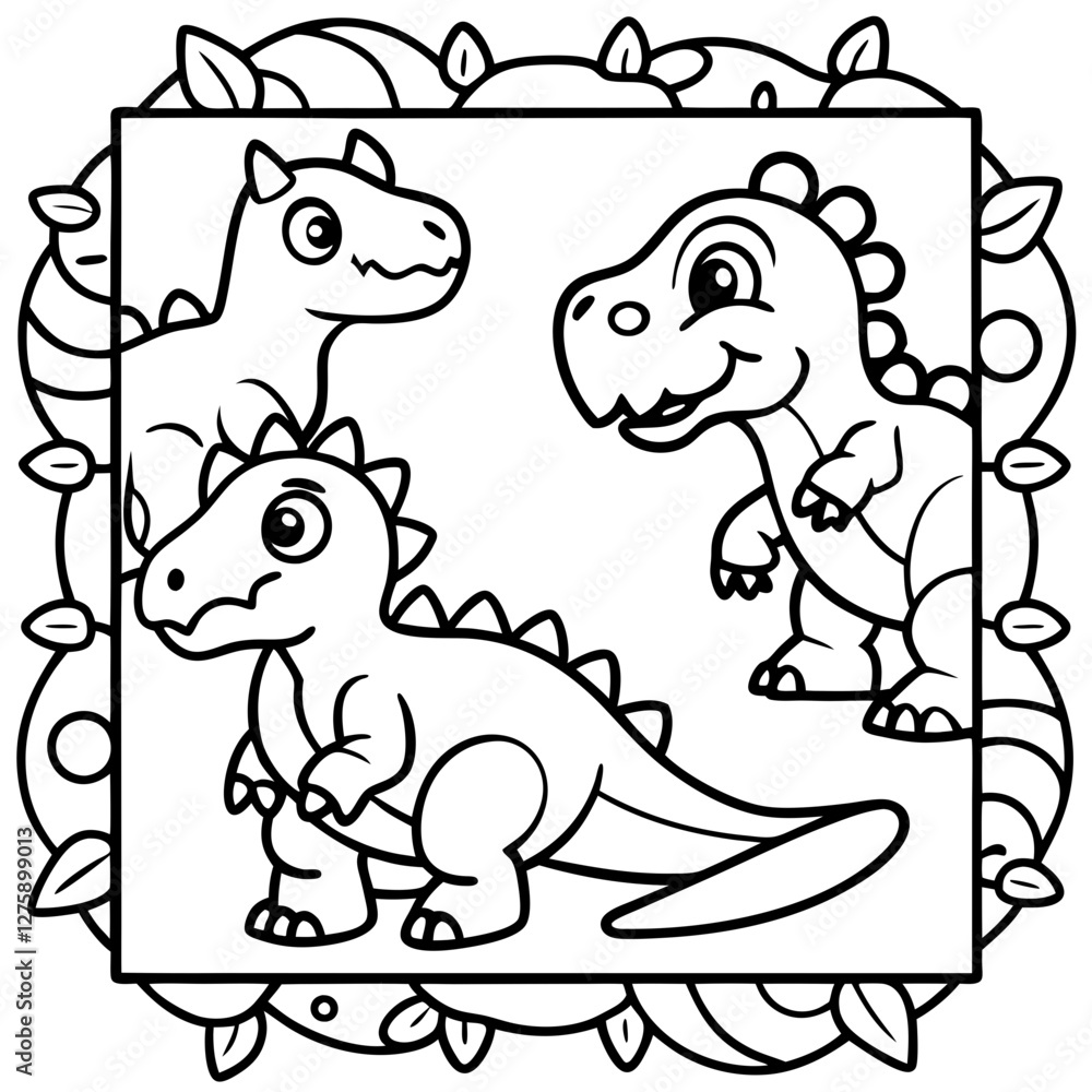 Obraz premium Cute Dinosaur Pals: Three adorable cartoon dinosaurs within a decorative frame. Capture the whimsical charm and playful spirit of these prehistoric creatures.